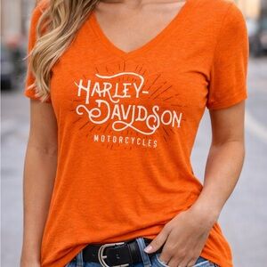Harley-Davidson Women's Orange V-Neck Logo Tee with White Print